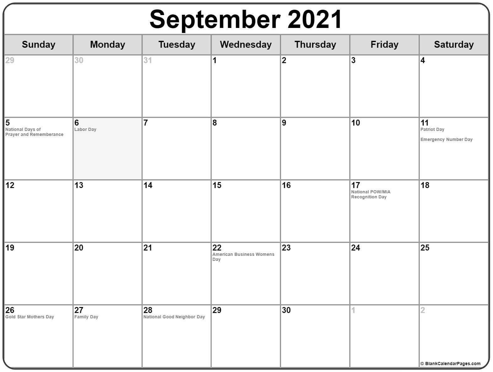 September 2021 Calendar With Holidays