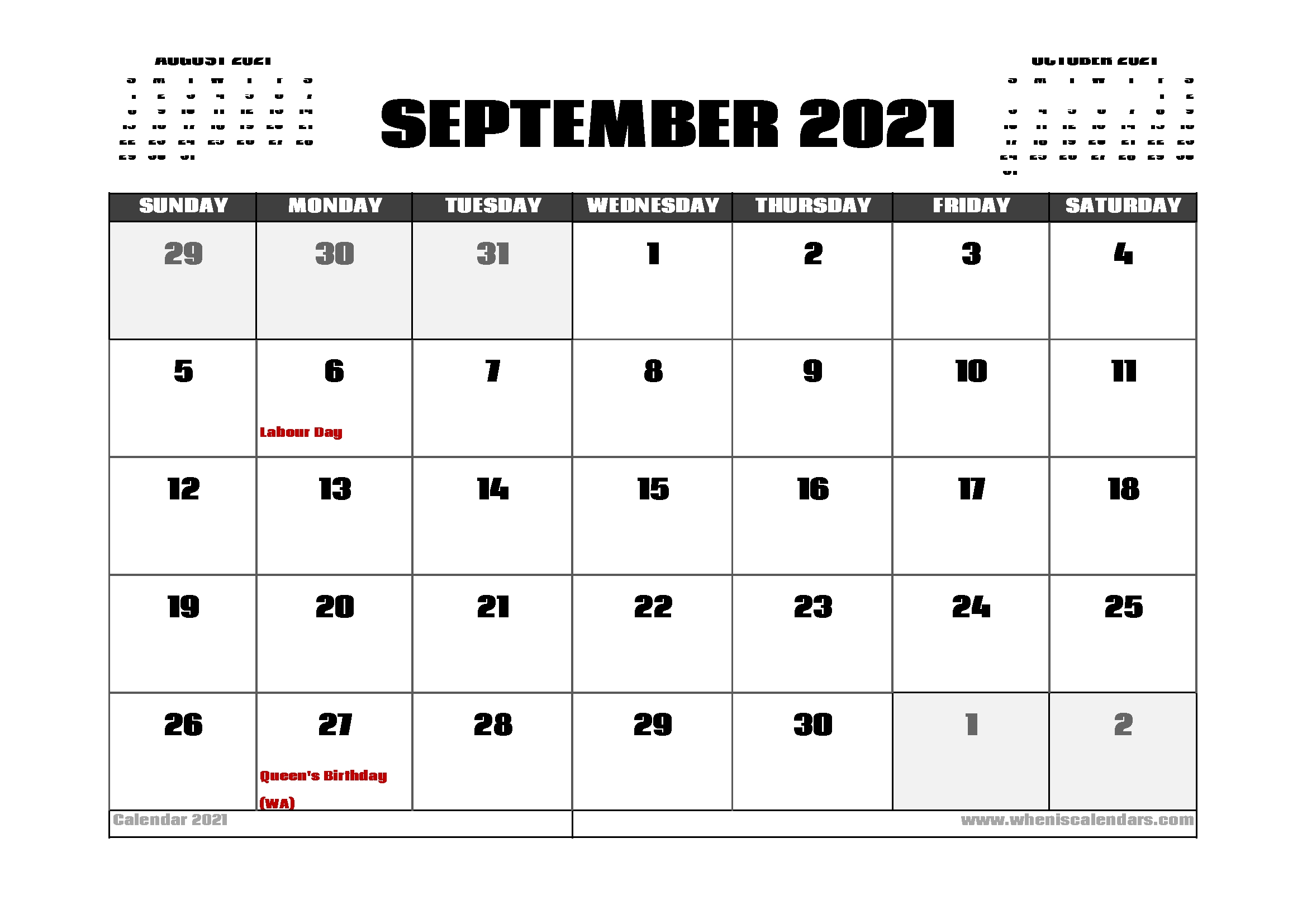 September 2021 Calendar With Holidays - September 2021