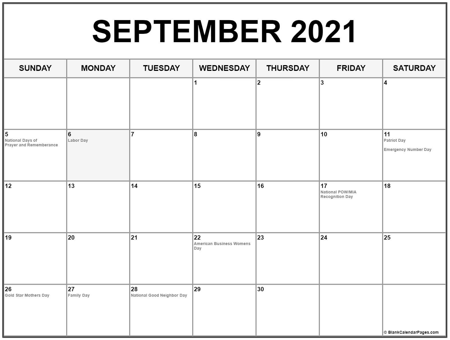 September 2021 Calendar With Holidays