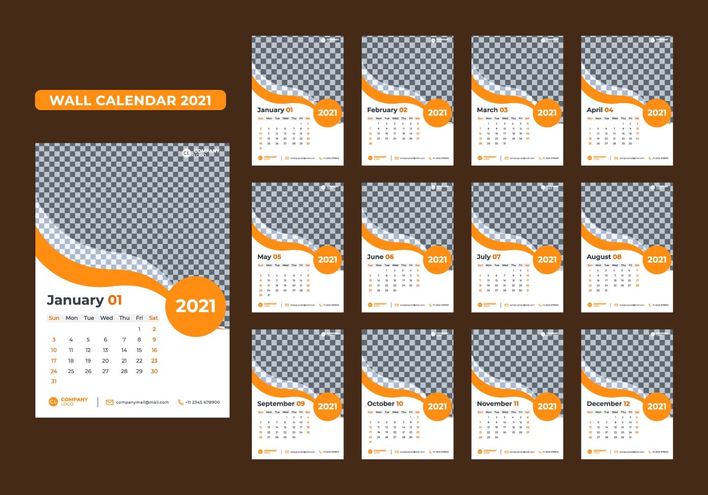 Set Of 12 Month 2021 Wall Calendar Templates - Download Free