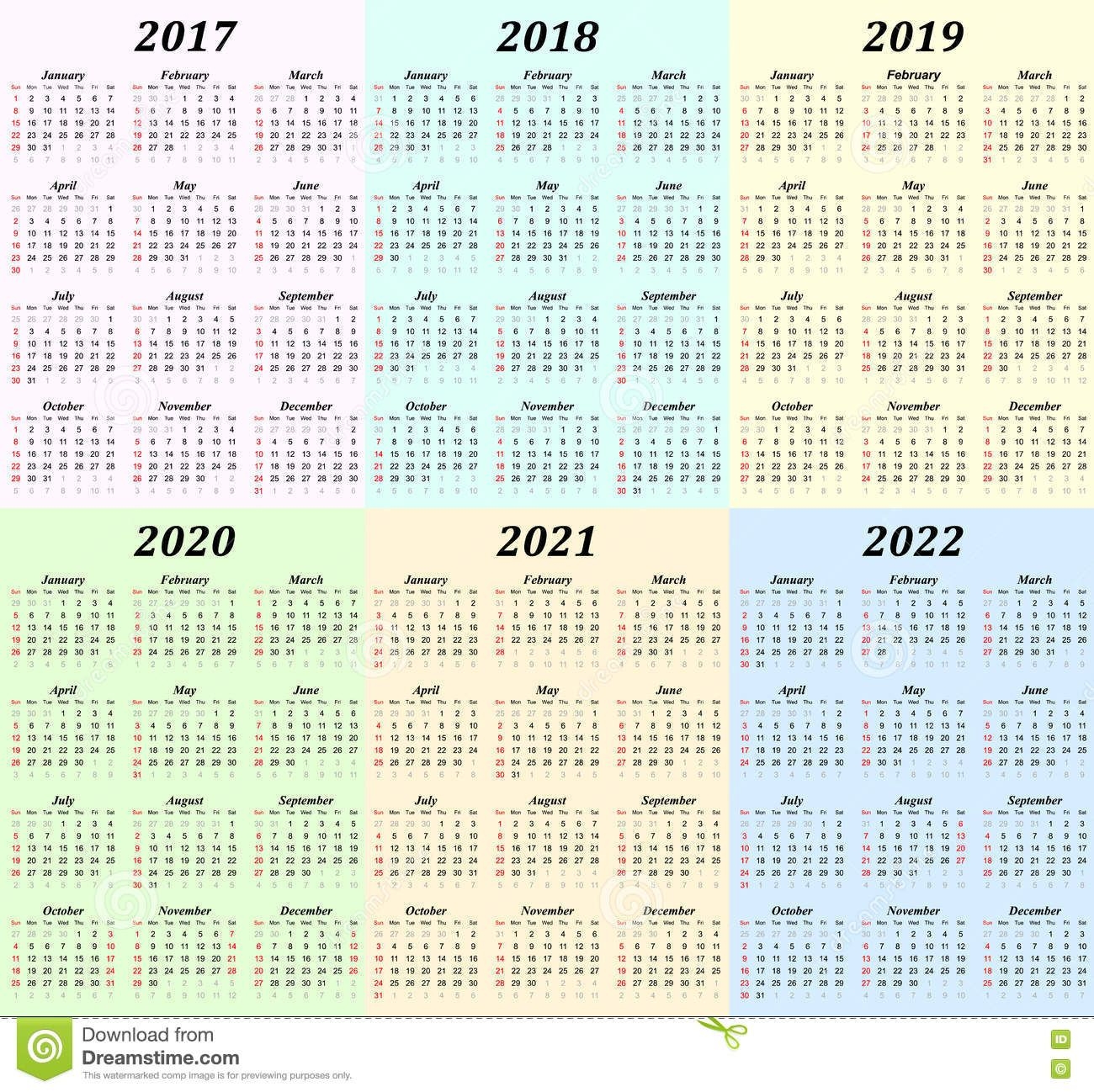 Six Year Calendar - 2017, 2018, 2019, 2020, 2021 And 2022