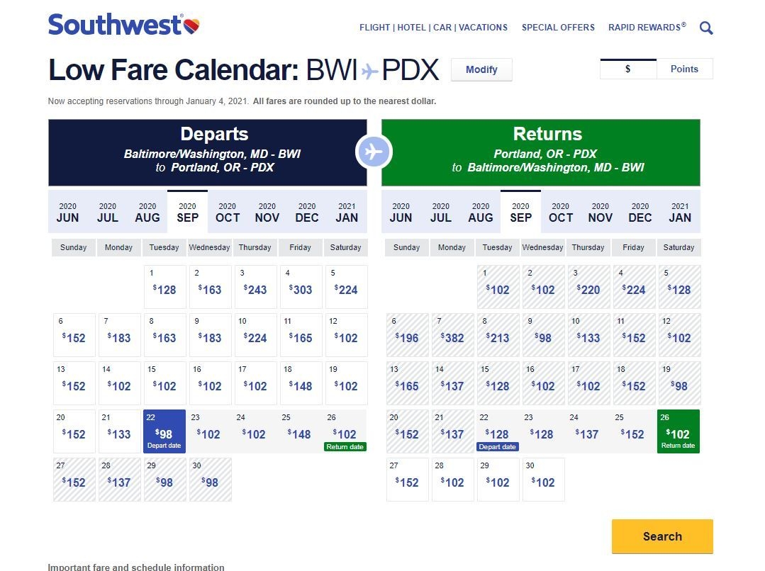 Universal Southwest Low Fare Calendar 2021 | Get Your Calendar Printable