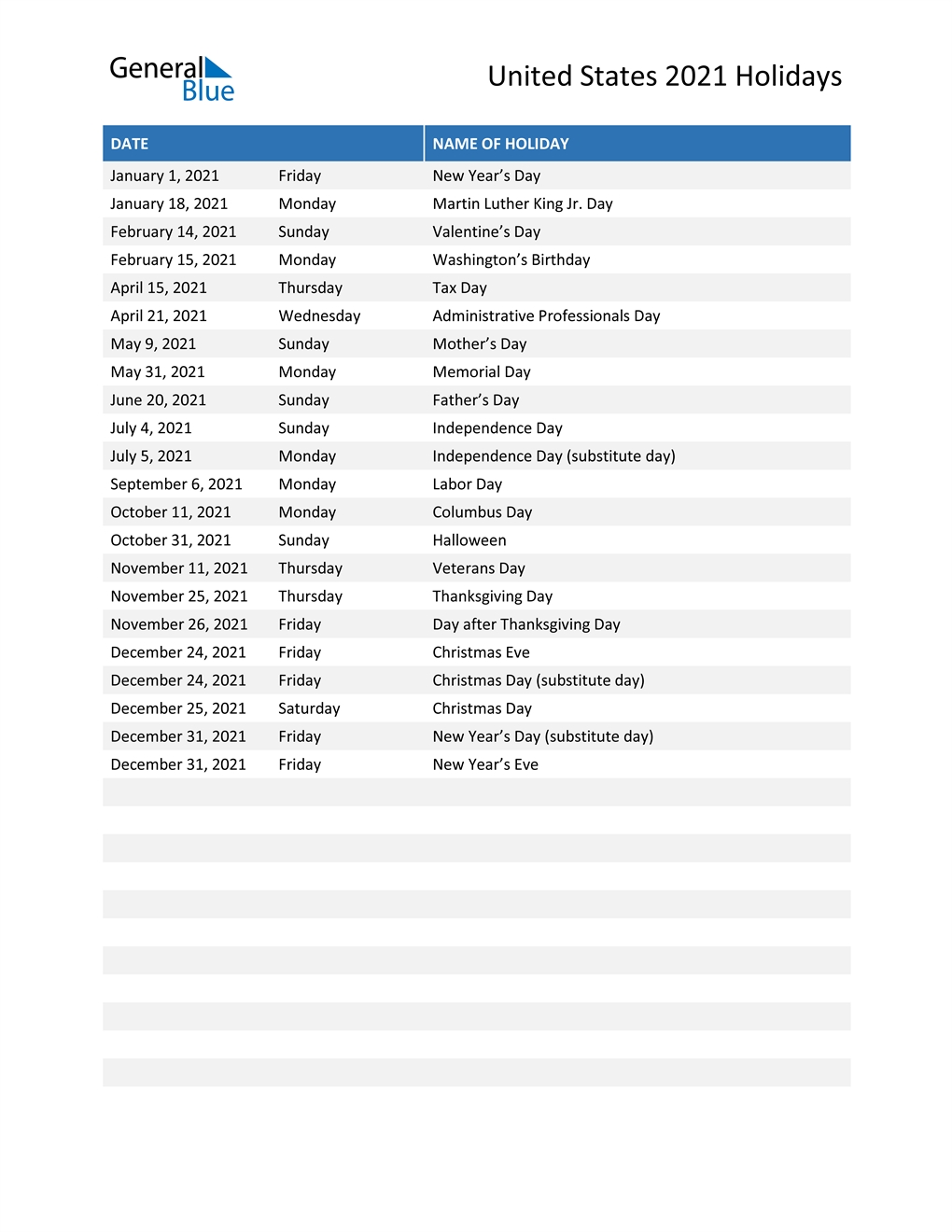 United States Holidays 2021 In Pdf, Word And Excel