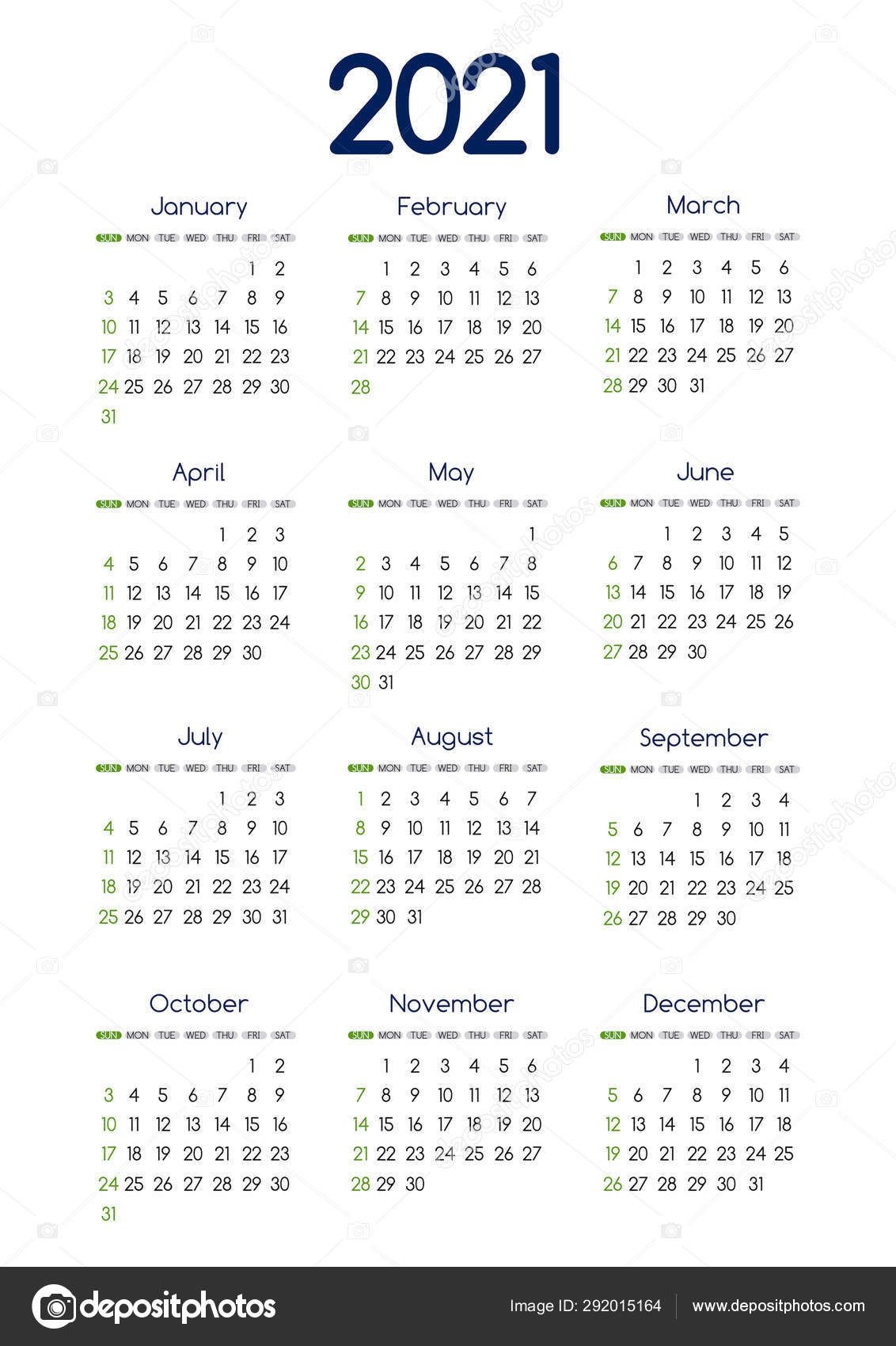 Vector 2021 New Year Calendar Planner Template In Minimal Table Simple  Style Blue And Green Color,Holiday Event Adenda,Week Starts Sunday.12 Month