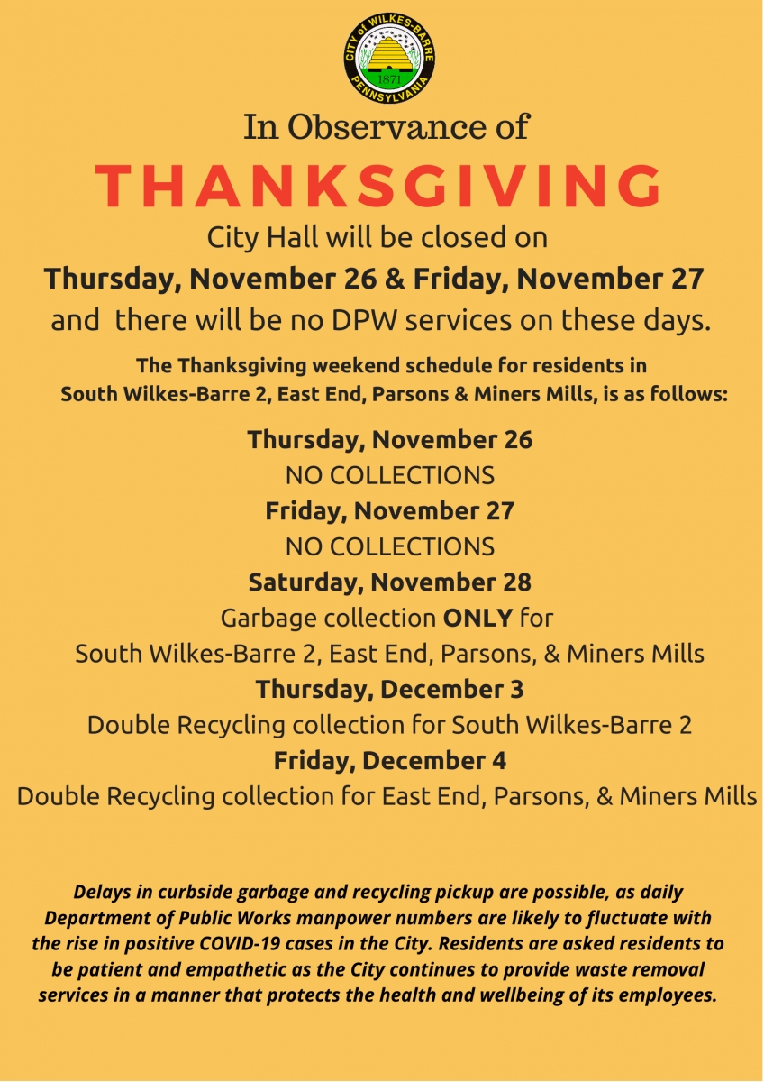 Wilkes-Barre Thanksgiving Holiday Collection Schedule