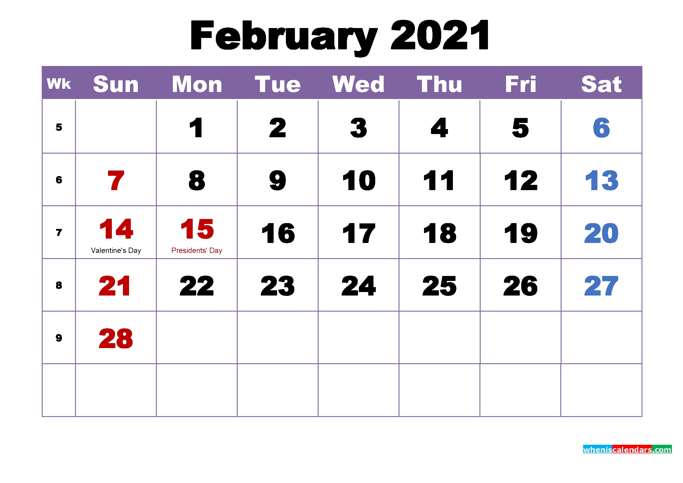 12 Month Printable Calendar February 2021 | 2021 Calendar