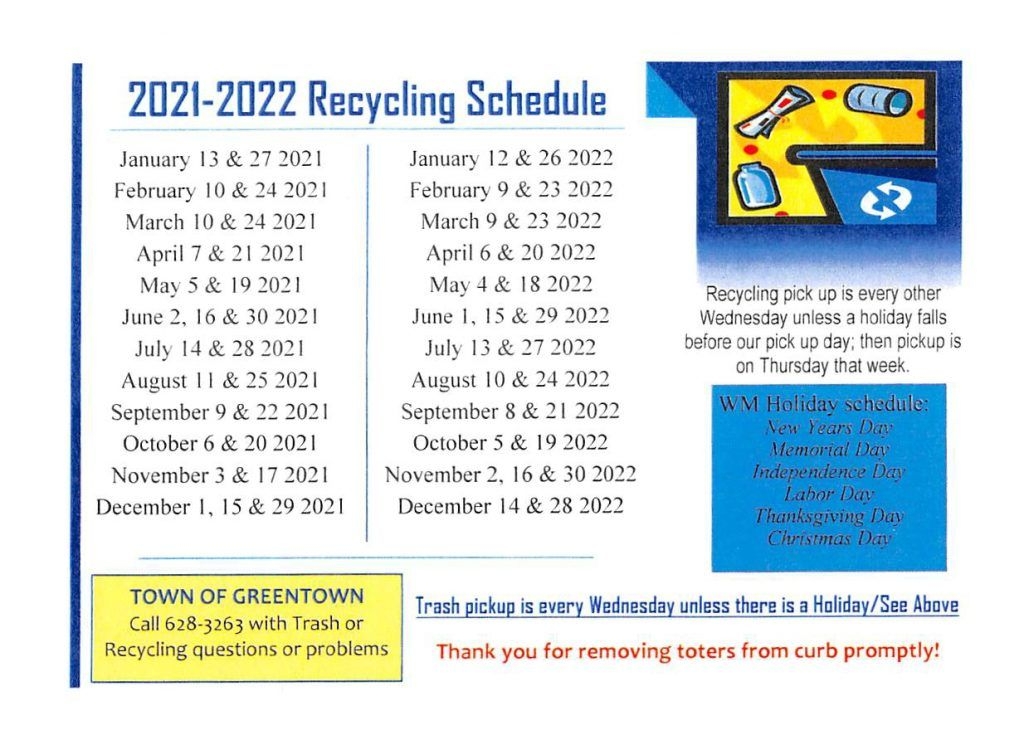 2021-2022 Recycling Schedule - Town Of Greentown