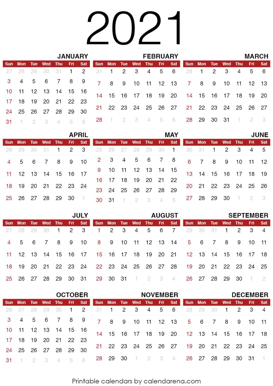 2021 Calendar : Blank Calendar Printable - Calendarena