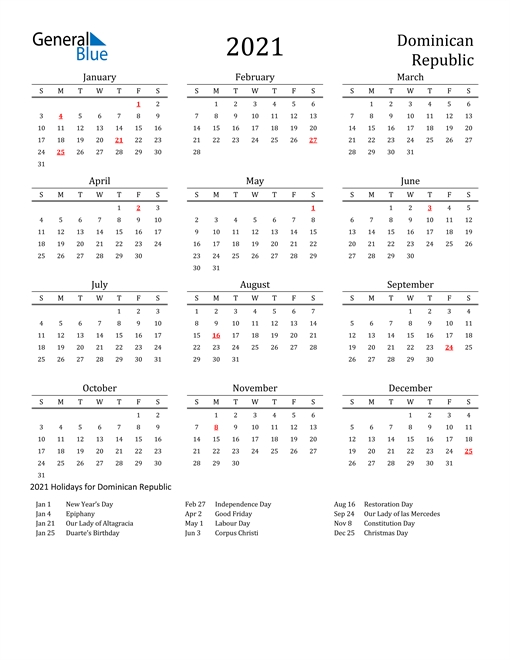 2021 Calendar - Dominican Republic With Holidays