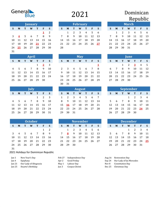 2021 Calendar - Dominican Republic With Holidays