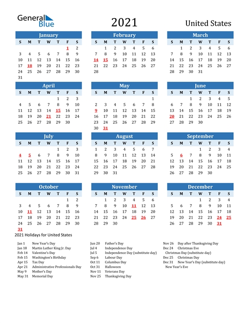 2021 Calendar - United States With Holidays