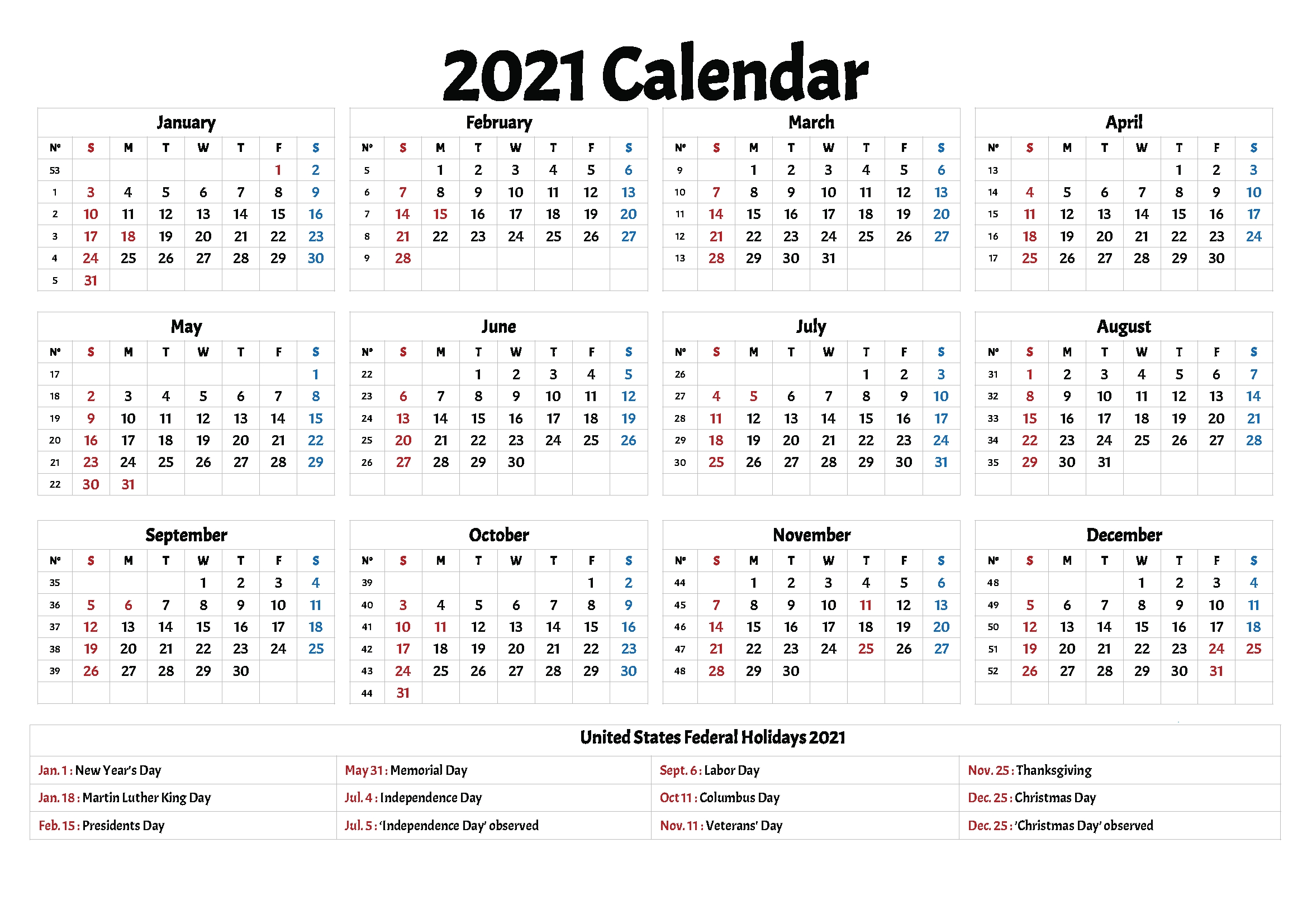 2021 Calendars With Holidays Printable - Printable Calendar