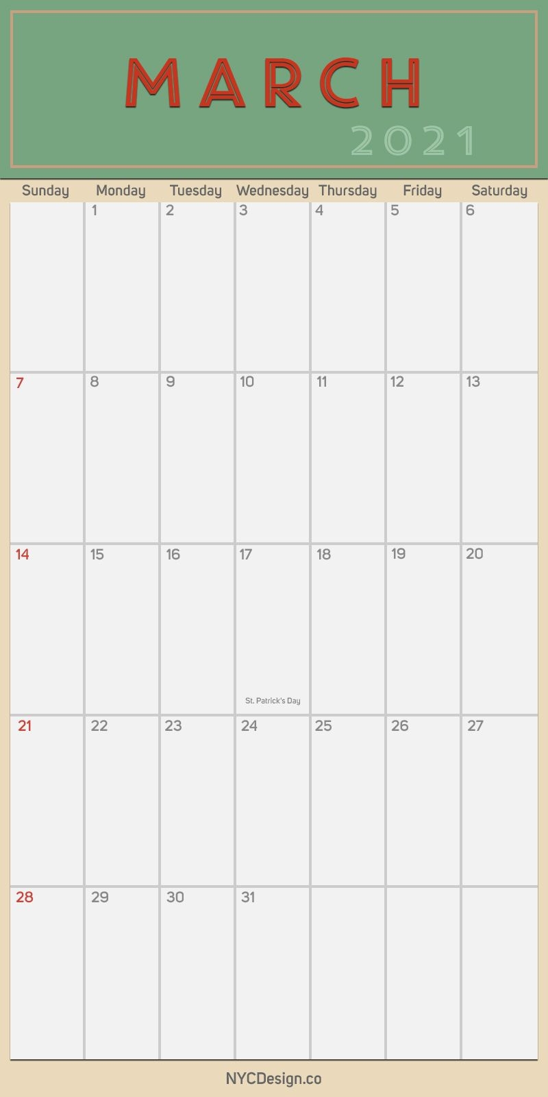 2021 March - Monthly Calendar With Holidays, Printable