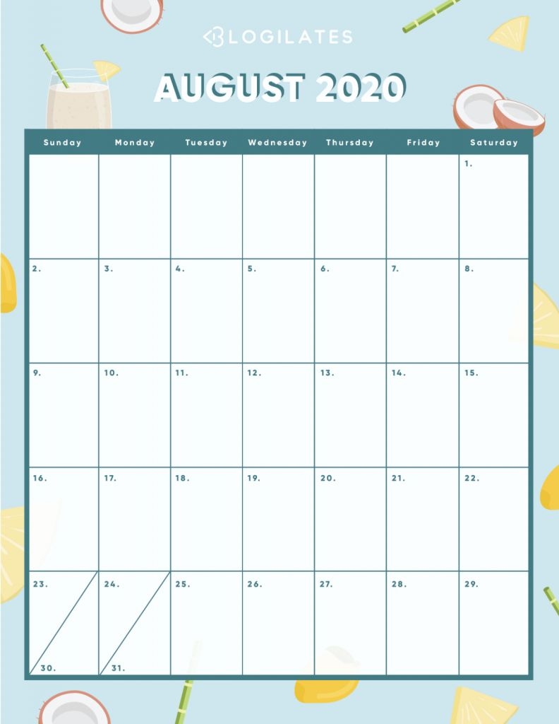 Blogilates August 2020 Challenge - Calendar Template 2020
