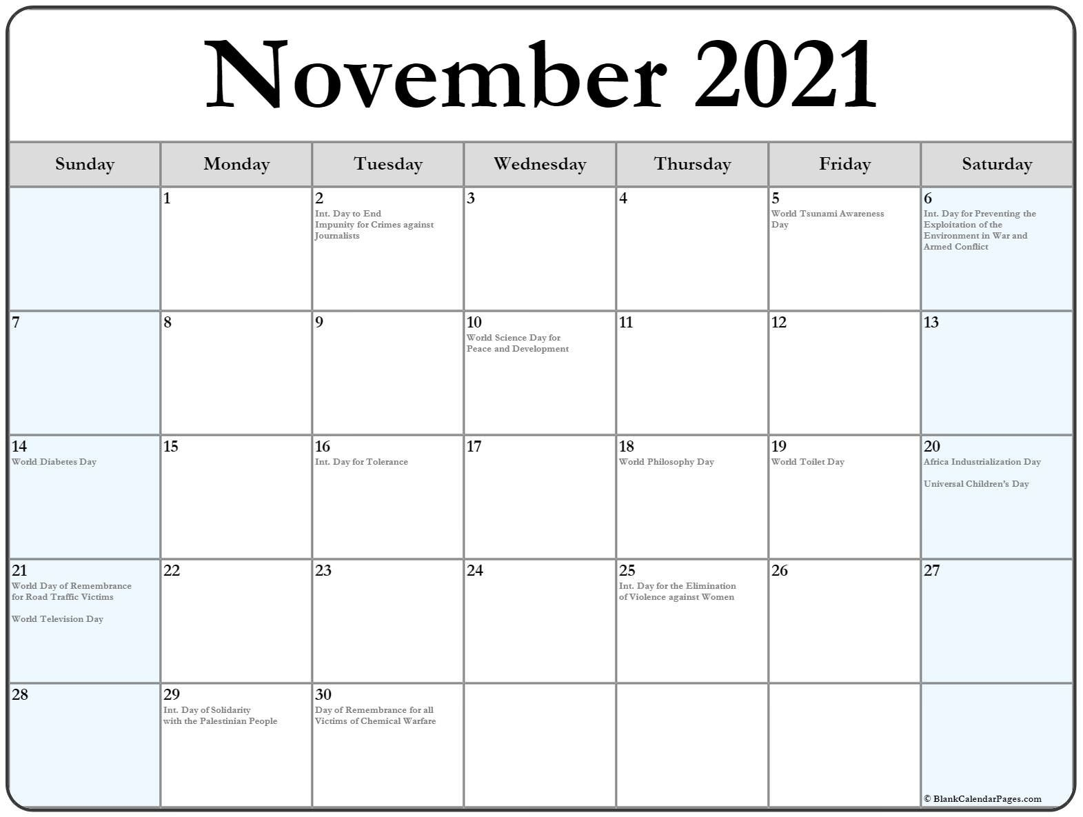 Collection Of November 2021 Calendars With Holidays