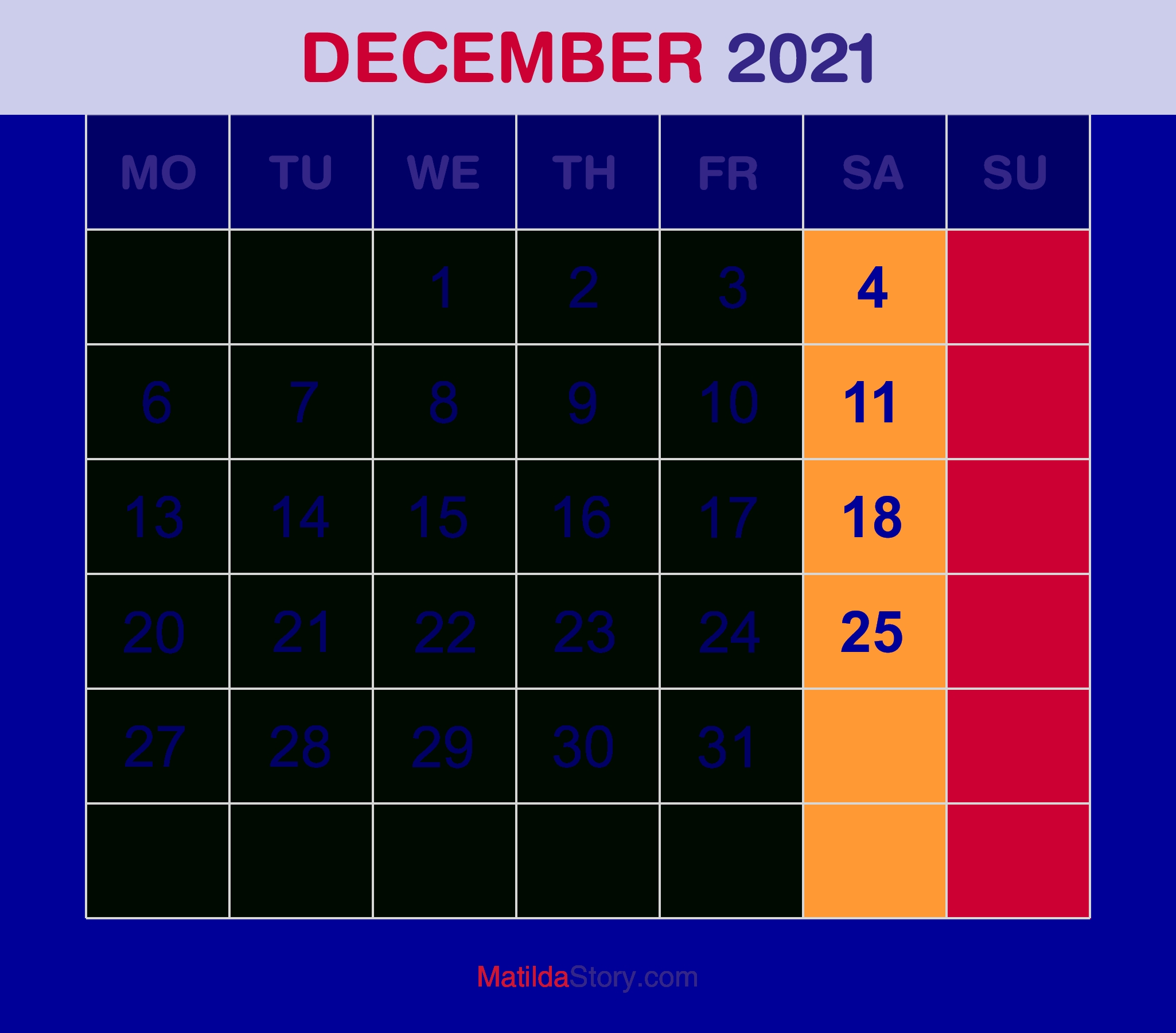 December 2021 Monthly Calendar, Monthly Planner, Printable