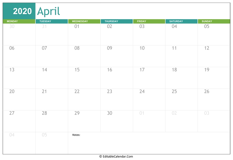 Editable Calendar April 2020