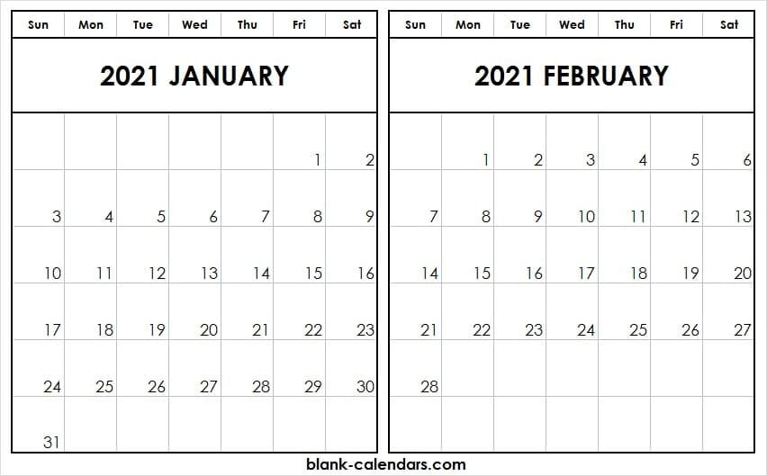 Editable January February 2021 Calendar - Print Free Blank