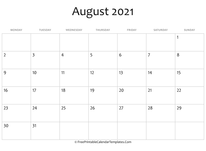 Fillable August Calendar 2021 (Horizontal)