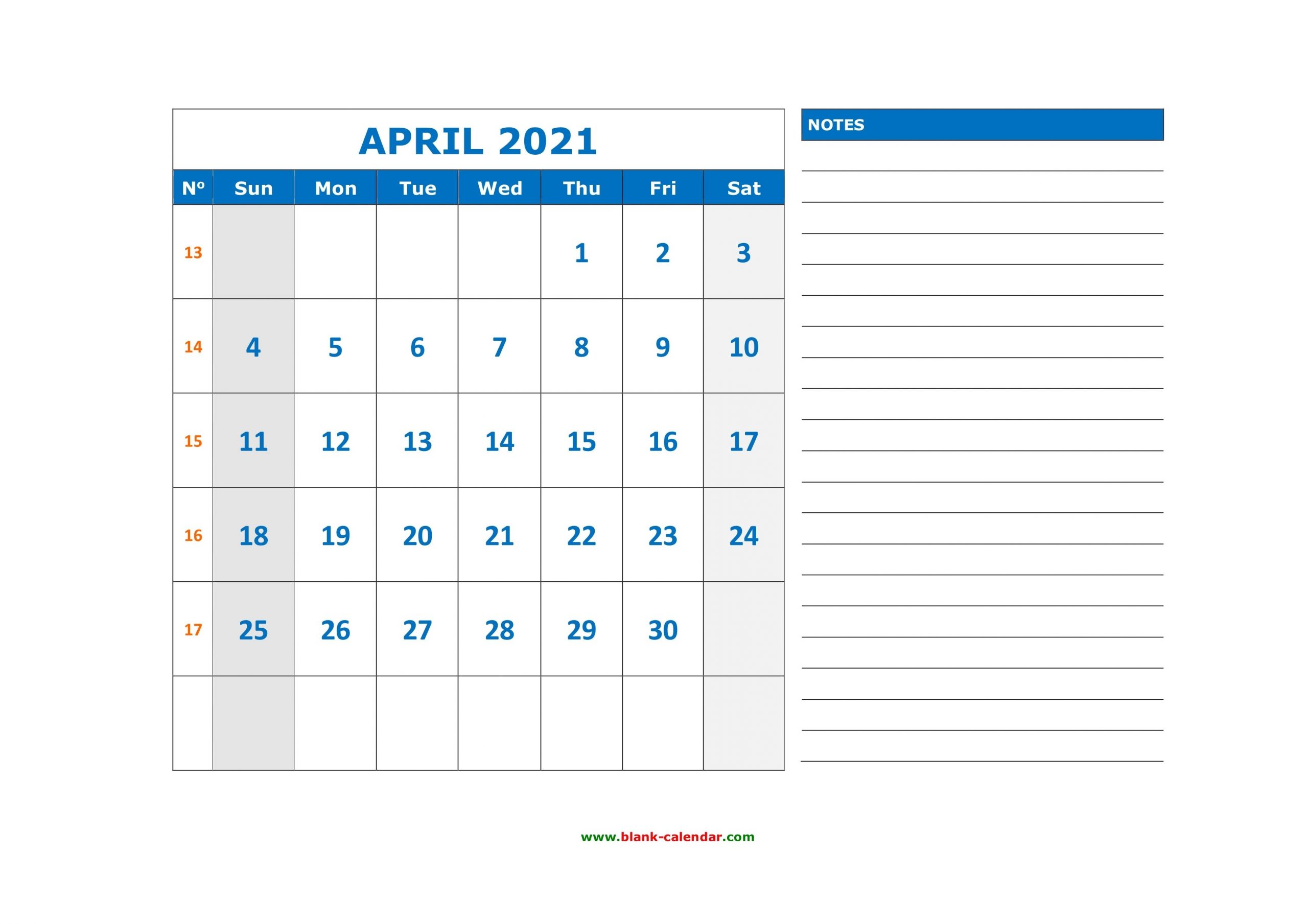 Free Download Printable April 2021 Calendar, Large Space