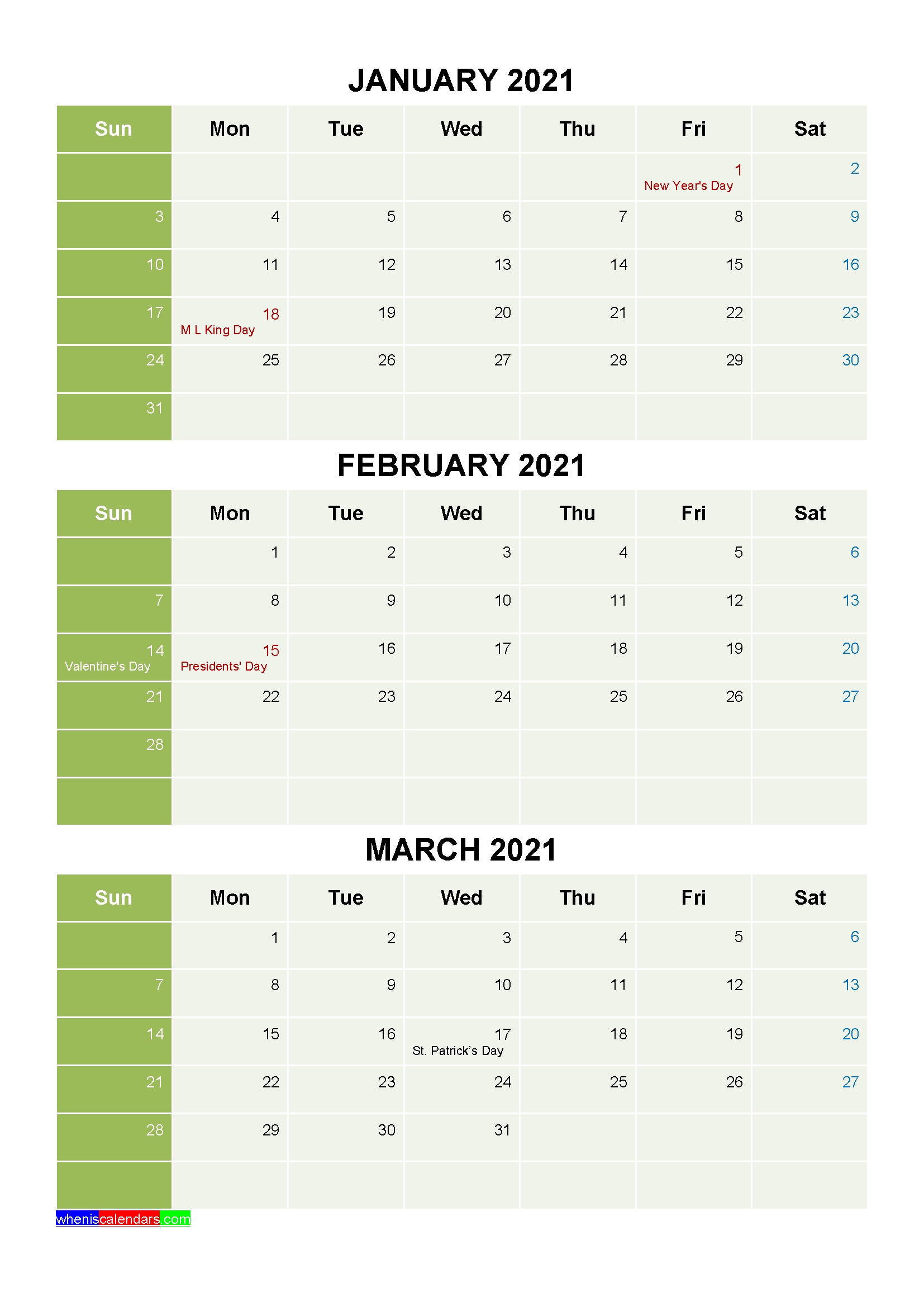 Free January February March 2021 Printable Calendar