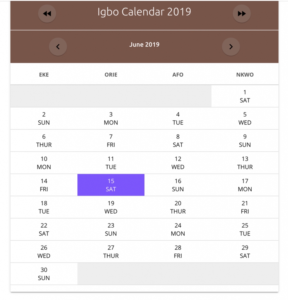 Igbo Market Days Information - Calendar Template 2020