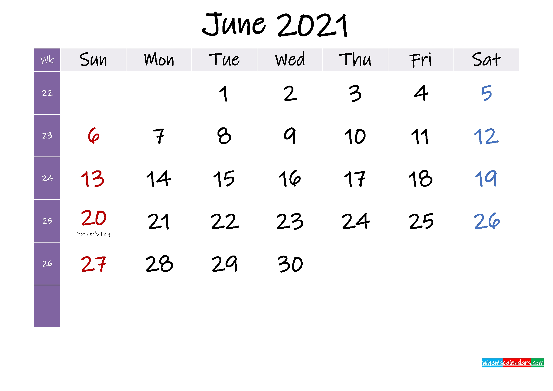 June 2021 Free Printable Calendar With Holidays - Template