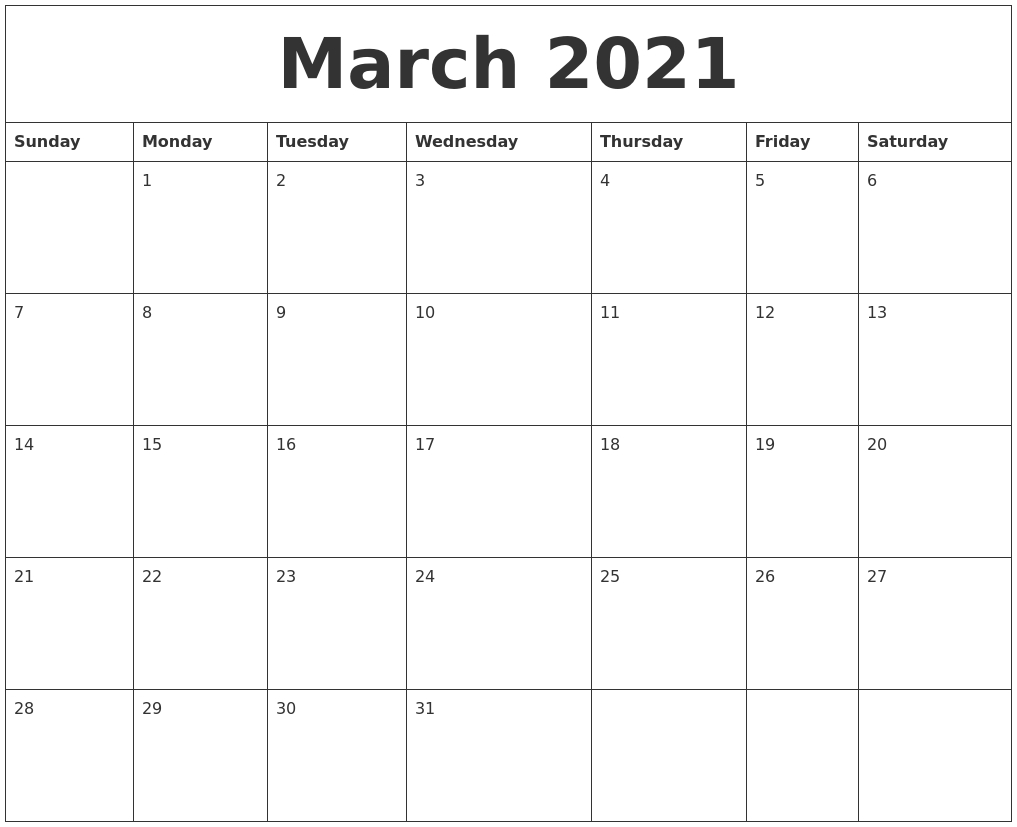 March 2021 Blank Monthly Calendar Template
