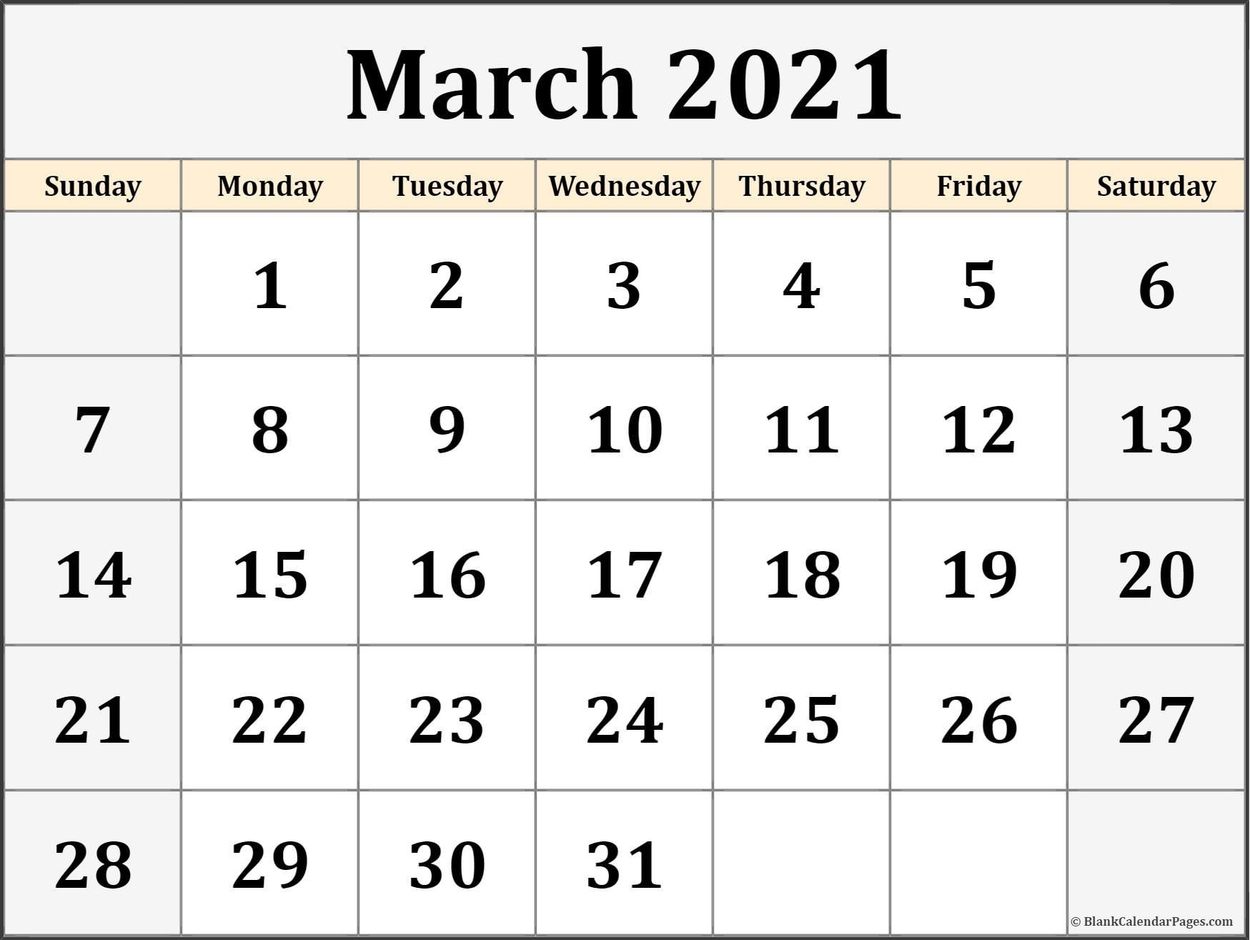 March 2021 Calendar | Free Printable Monthly Calendars