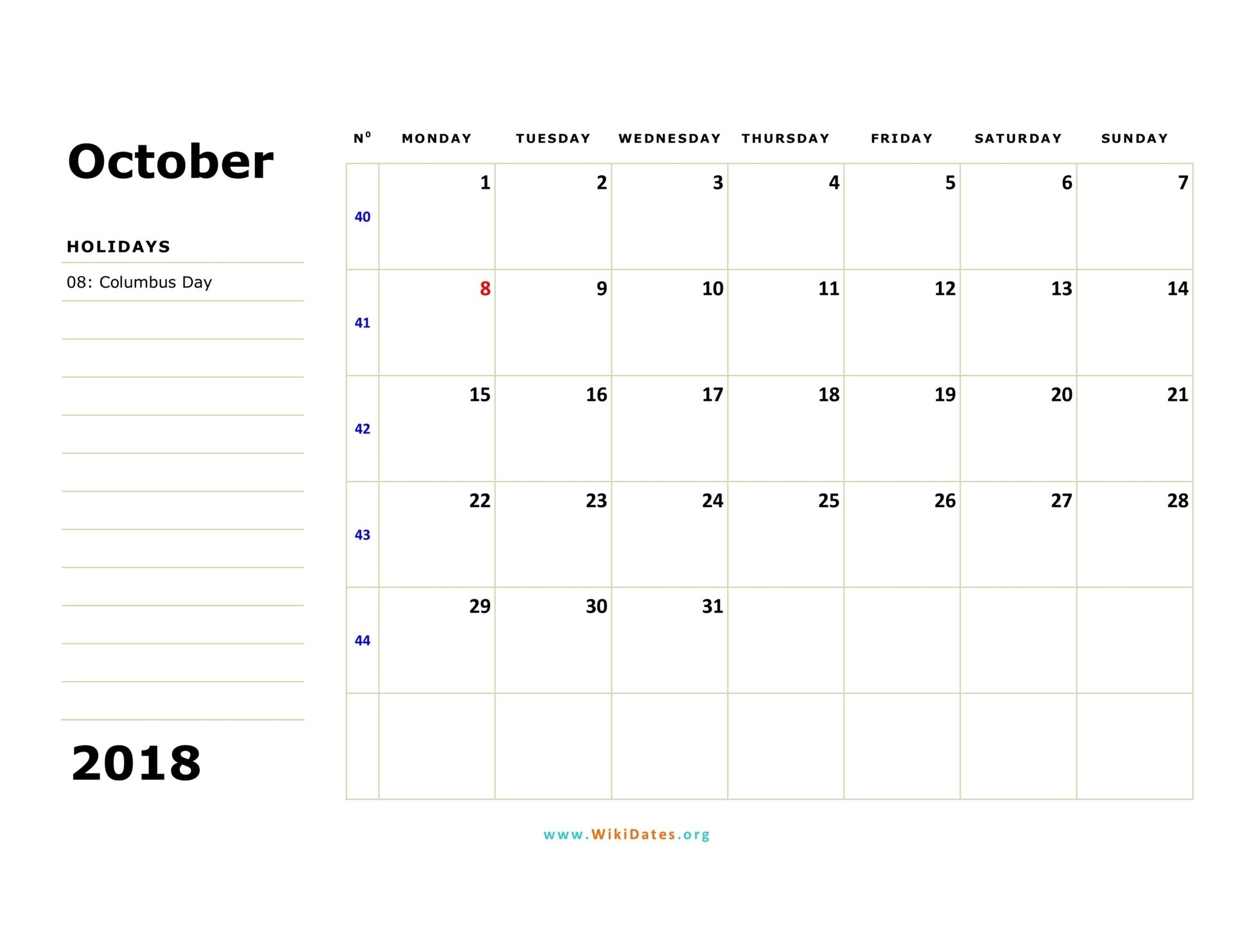 October 2018 Calendar | Wikidates