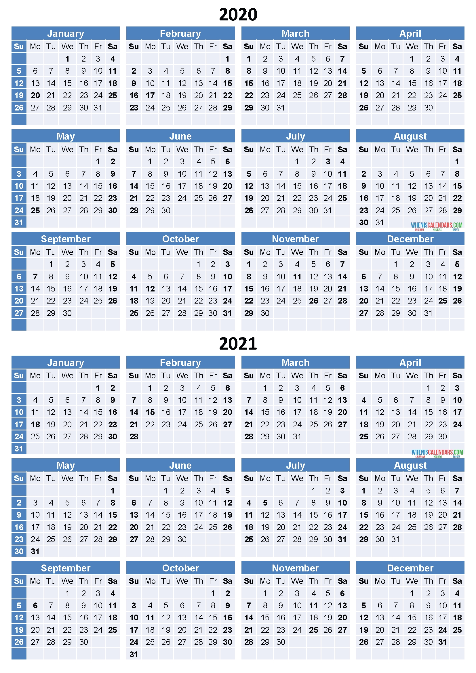 Printable 2 Year Calendar 2020 2021 - Calendar Printable Free