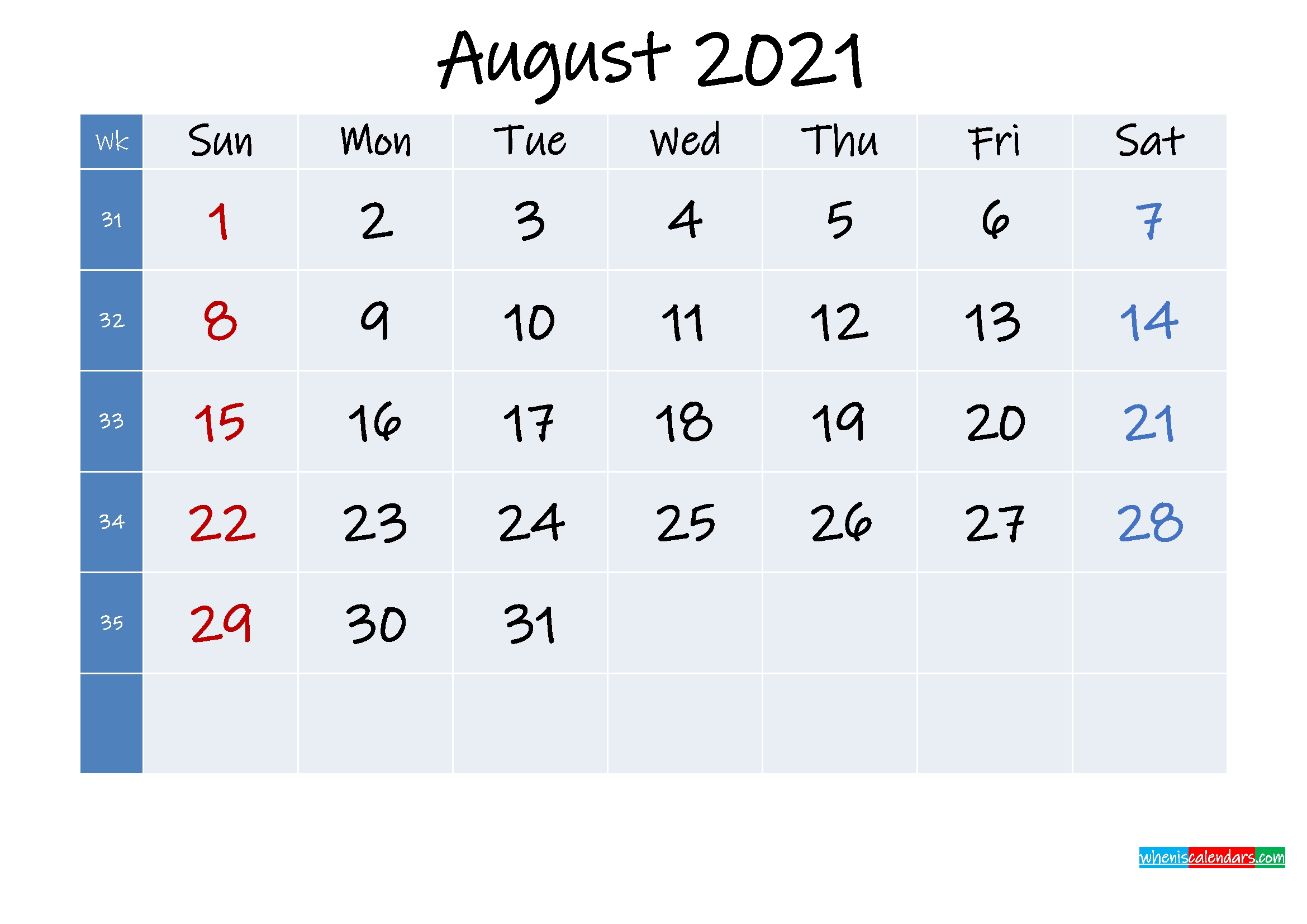 Printable August 2021 Calendar With Holidays - Template No