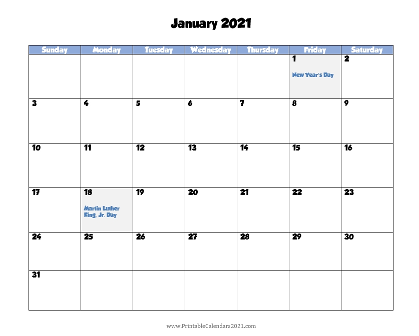 Printable Calendar January 2021 With Holidays Blank
