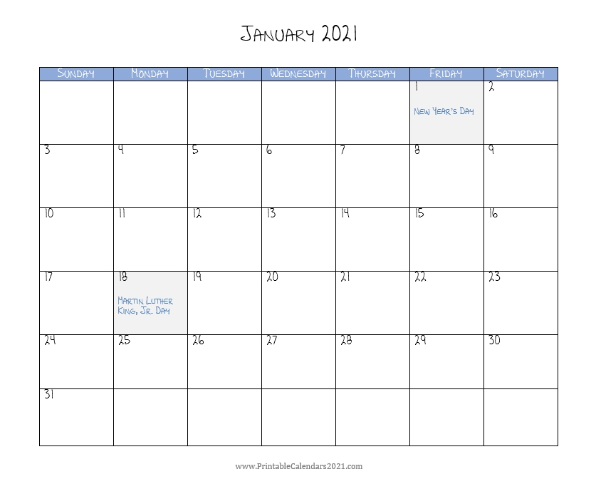 Printable Calendar January 2021 With Holidays Blank