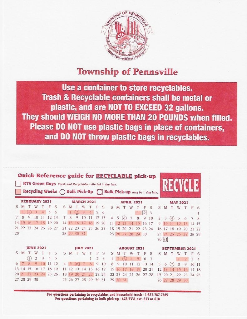 Recycle Schedule 2020-2021 - Township Of Pennsville