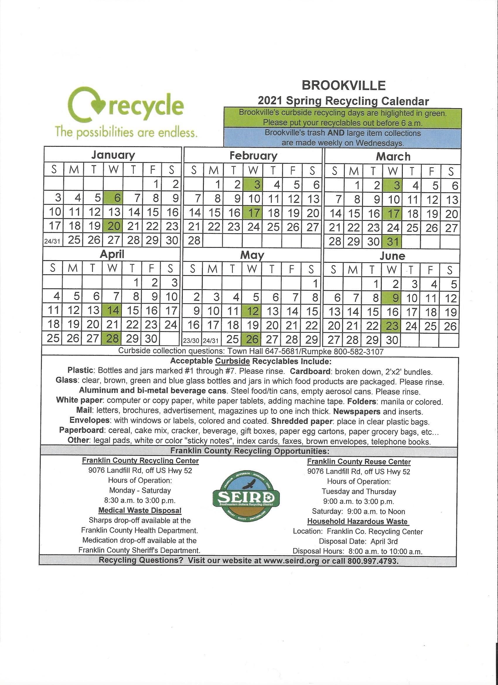 Spring Recycling Schedule 2021 - Town Of Brookville