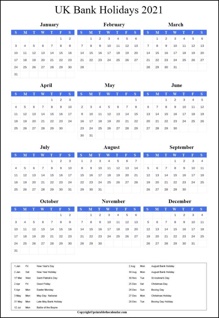 Uk Bank Holiday Calendar 2021 | Printable The Calendar