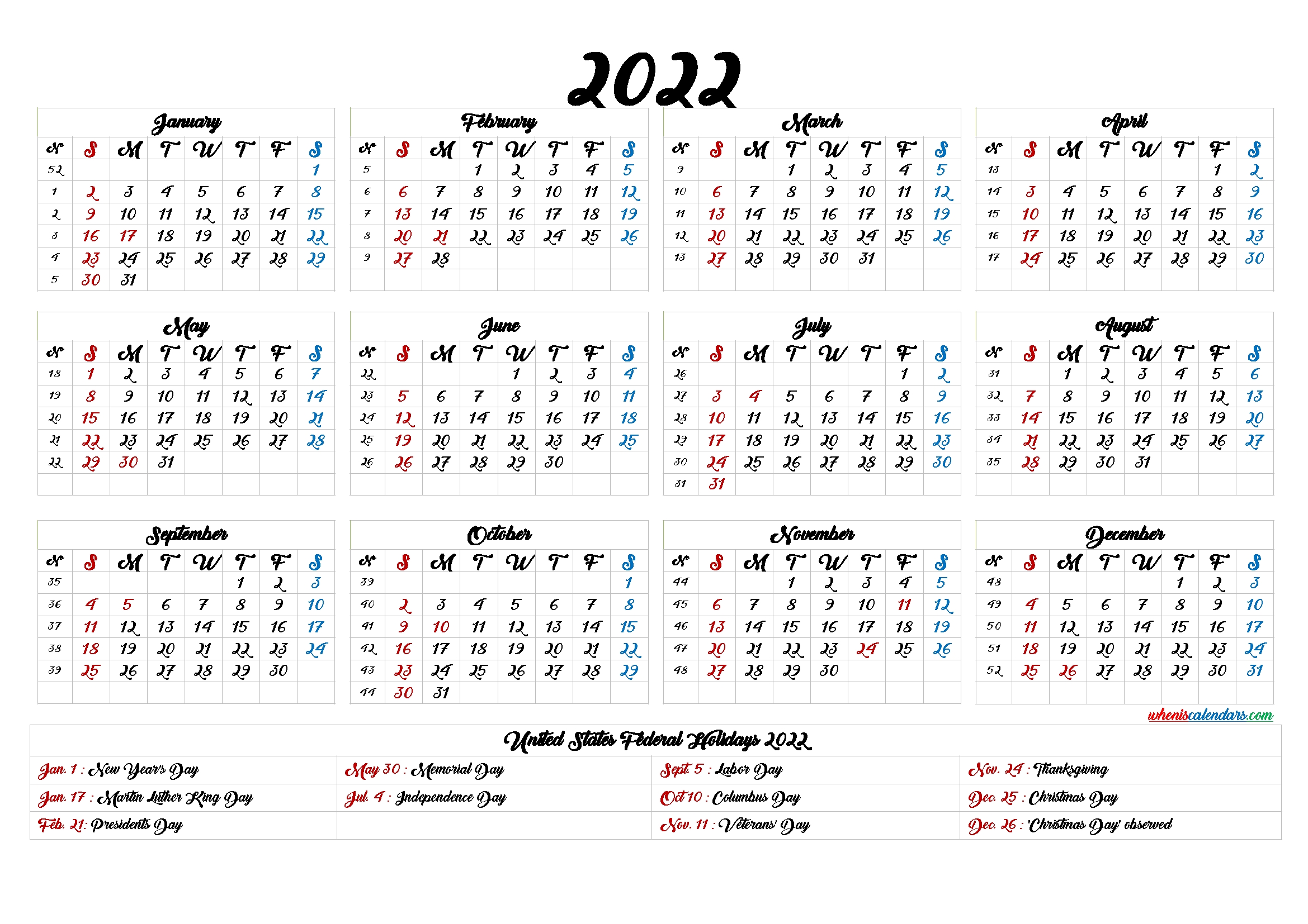 20+ 2022 Calendar With Holidays Printable - Free Download