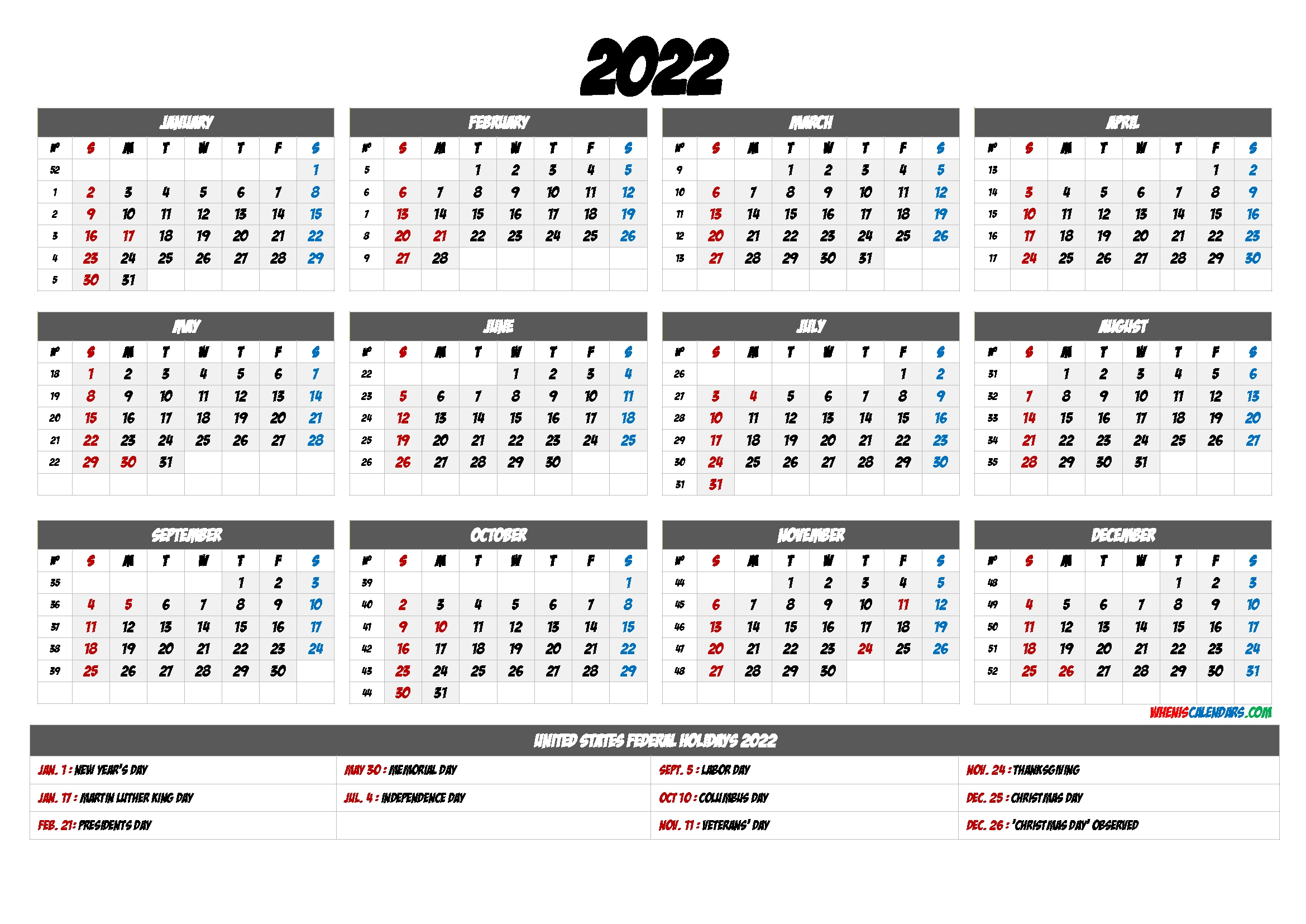 20+ 2022 Calendar With Holidays Printable - Free Download