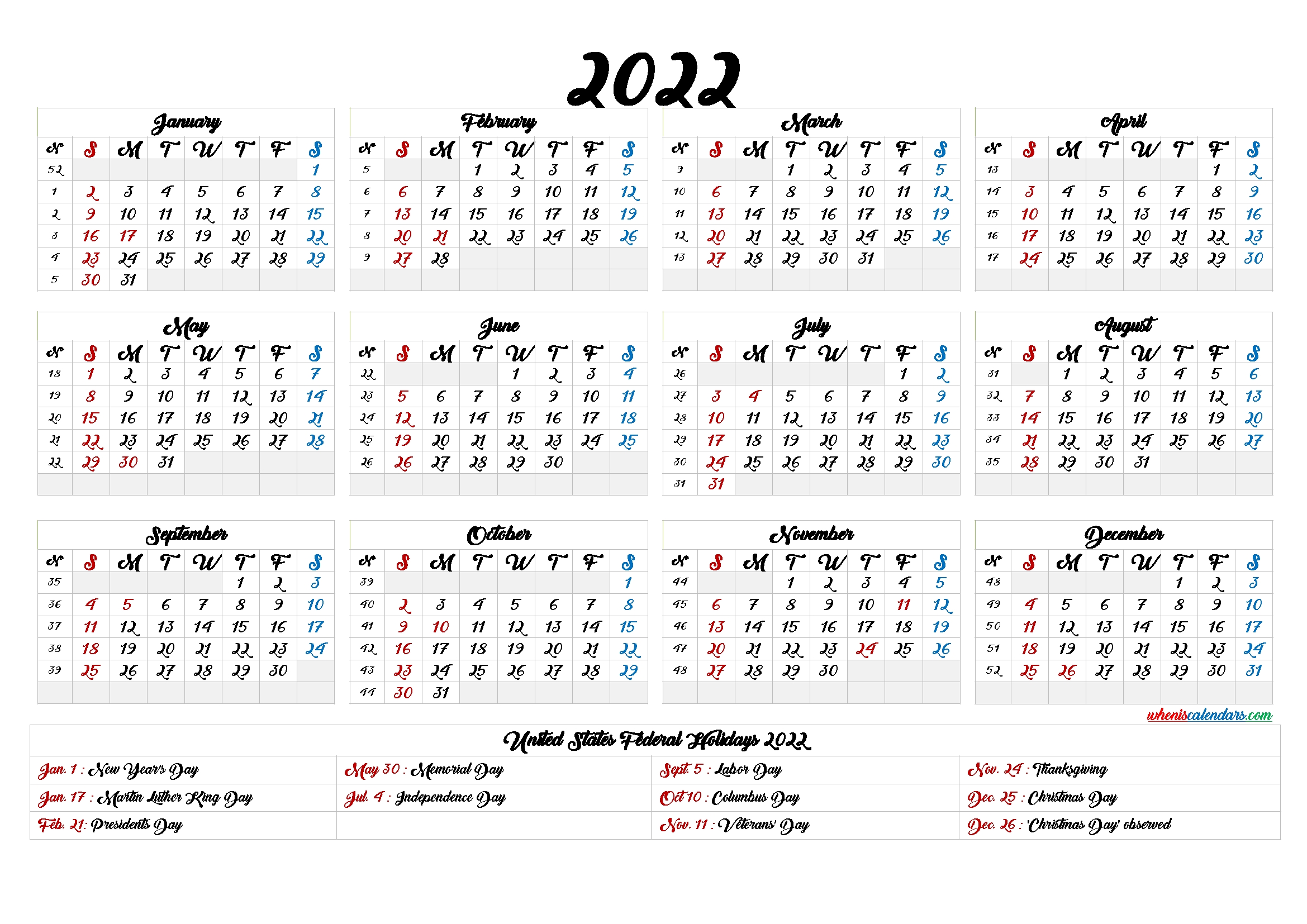 20+ Printable Calendar 2022 - Free Download Printable