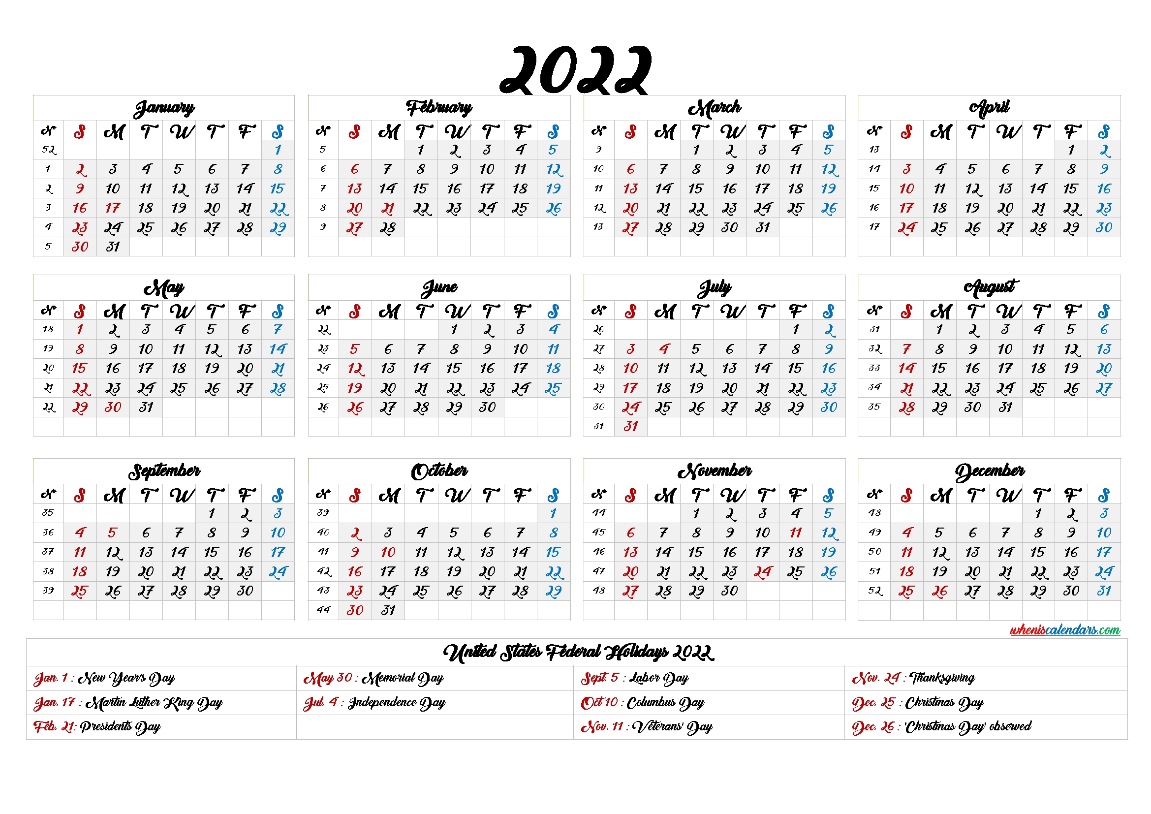 20+ Yearly Calendar 2022 - Free Download Printable