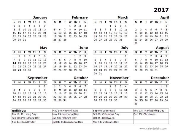 2017 Year Calendar Template Us Holidays - Free Printable