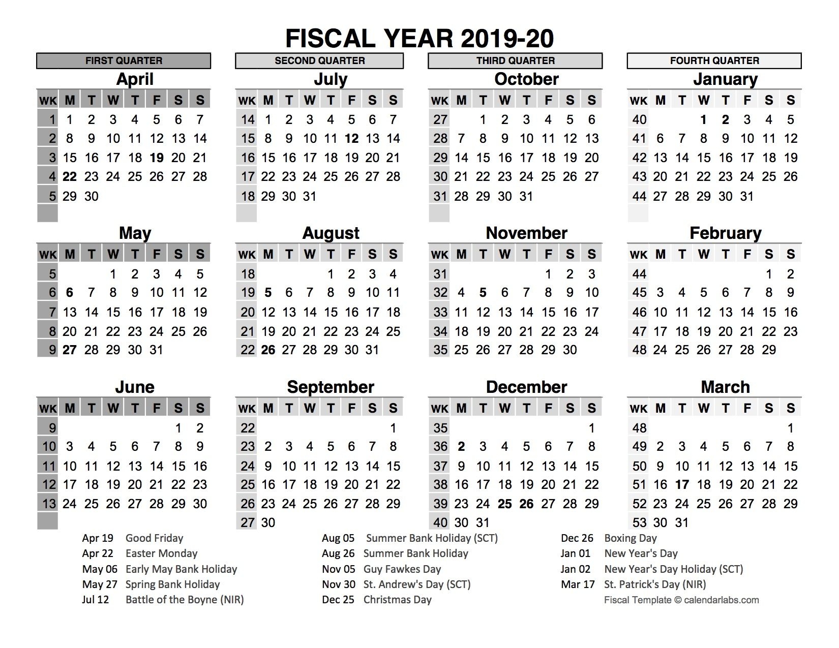 2019-2020 Fiscal Calendar Uk Template - Free Printable
