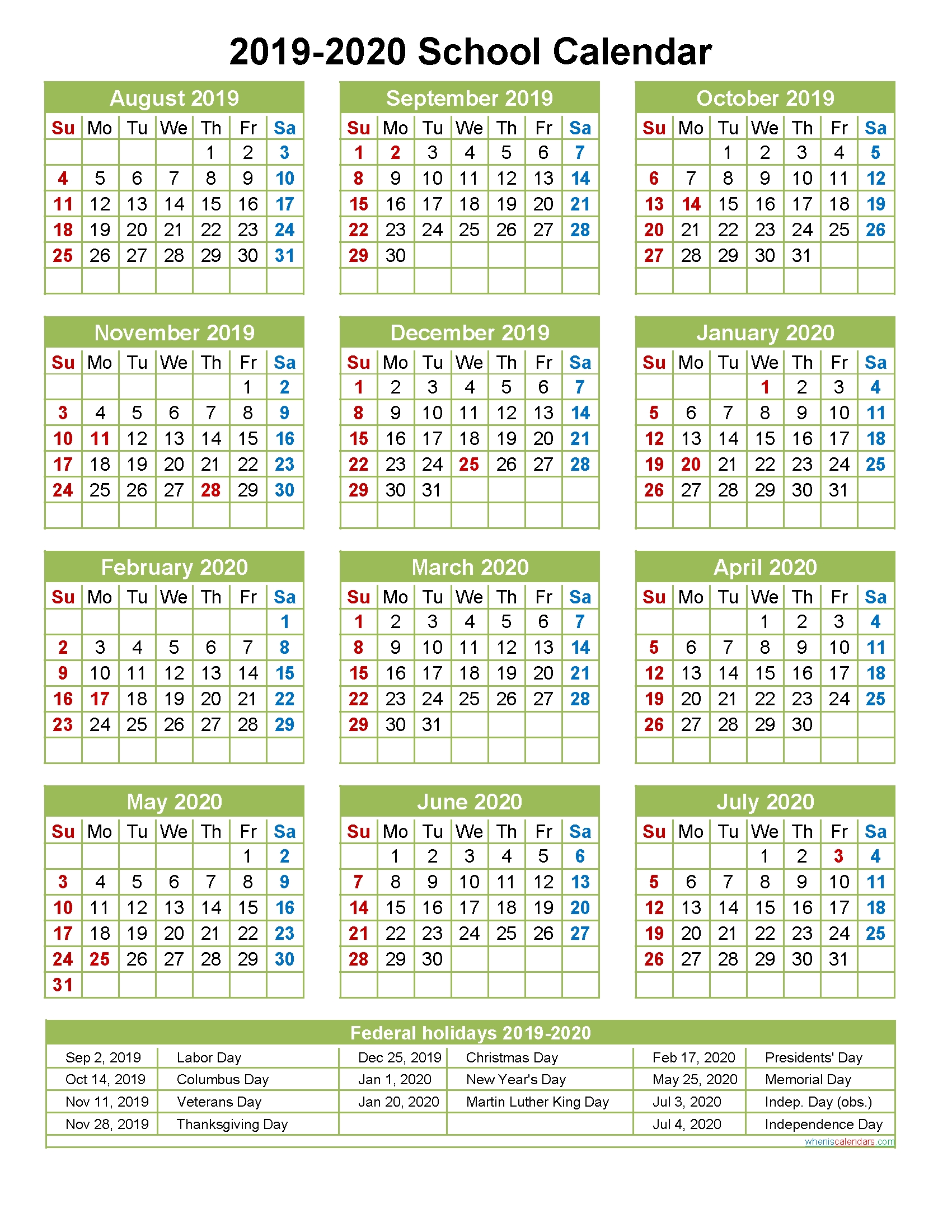 2019 And 2020 School Calendar Printable (Portrait