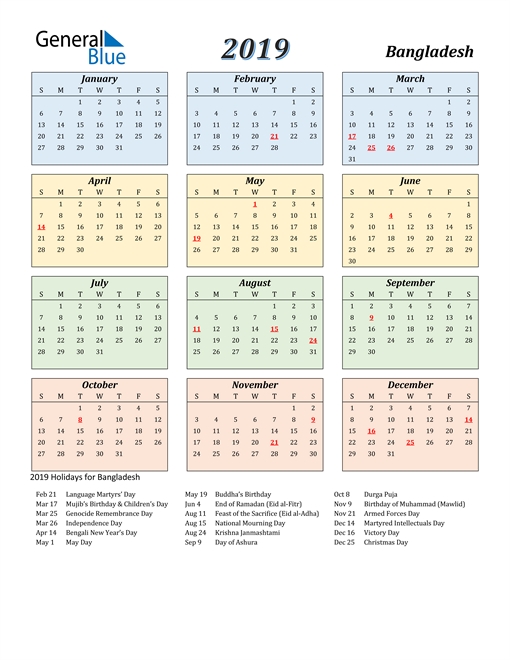 2019 Calendar - Bangladesh With Holidays