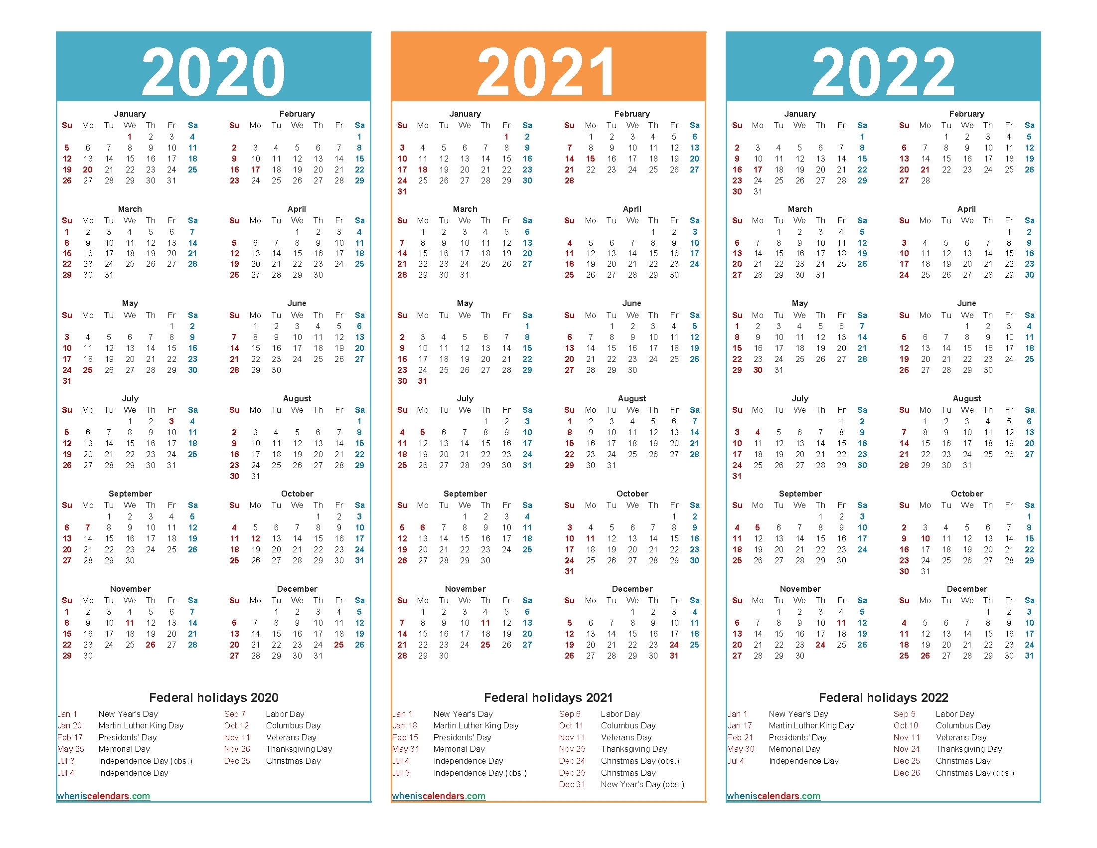 2020 2021 2022 2023 Calendar Printable One Page - Calendar