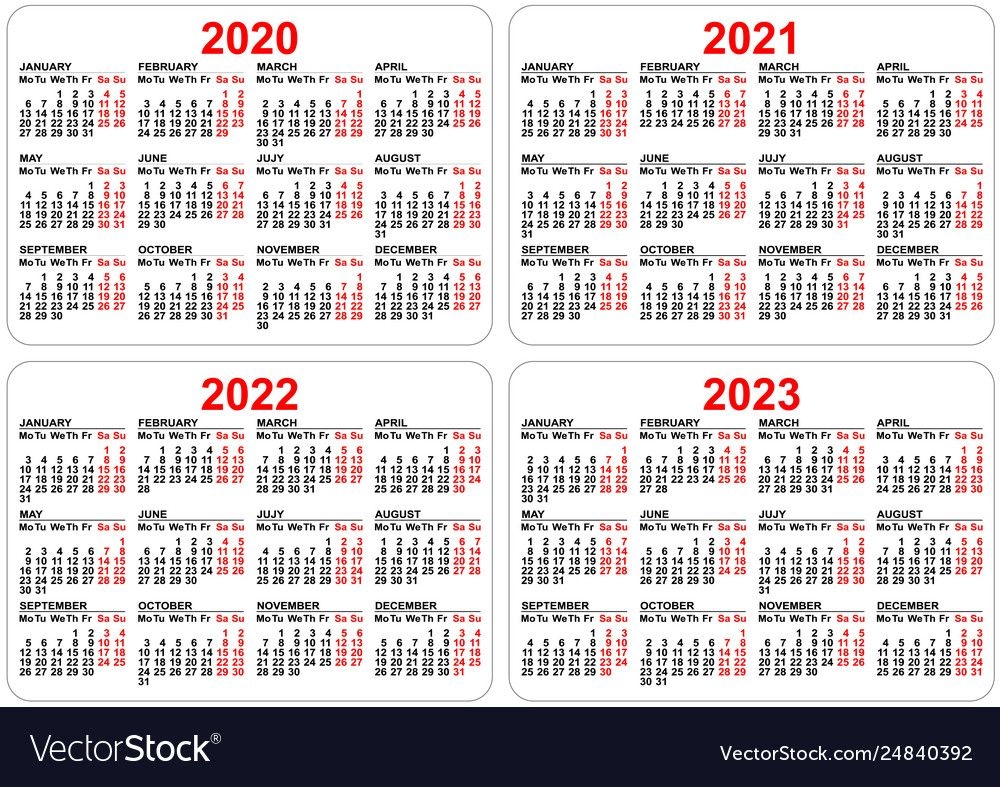 2020 2021 2022 2023 Years Set Pocket Calendar Vector Image