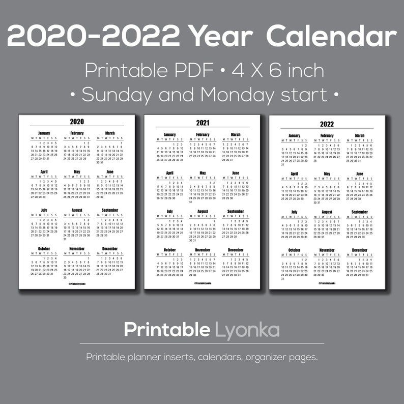 2020 2021 2022 Yearly Calendar Printable/ Pdf/ 4 X 6