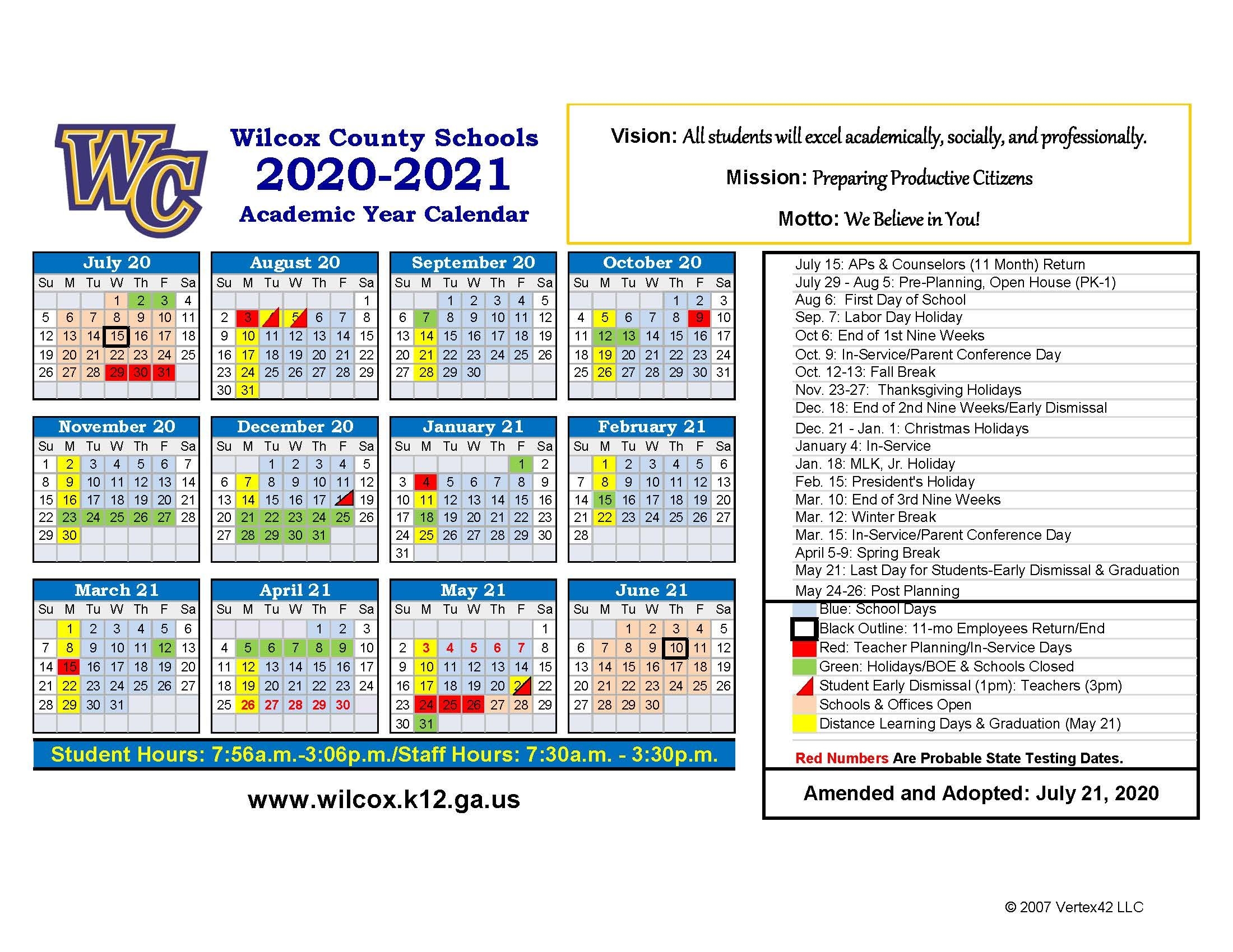 2020-2021 School Calendar (Amended 7/22/2020) - Wilcox