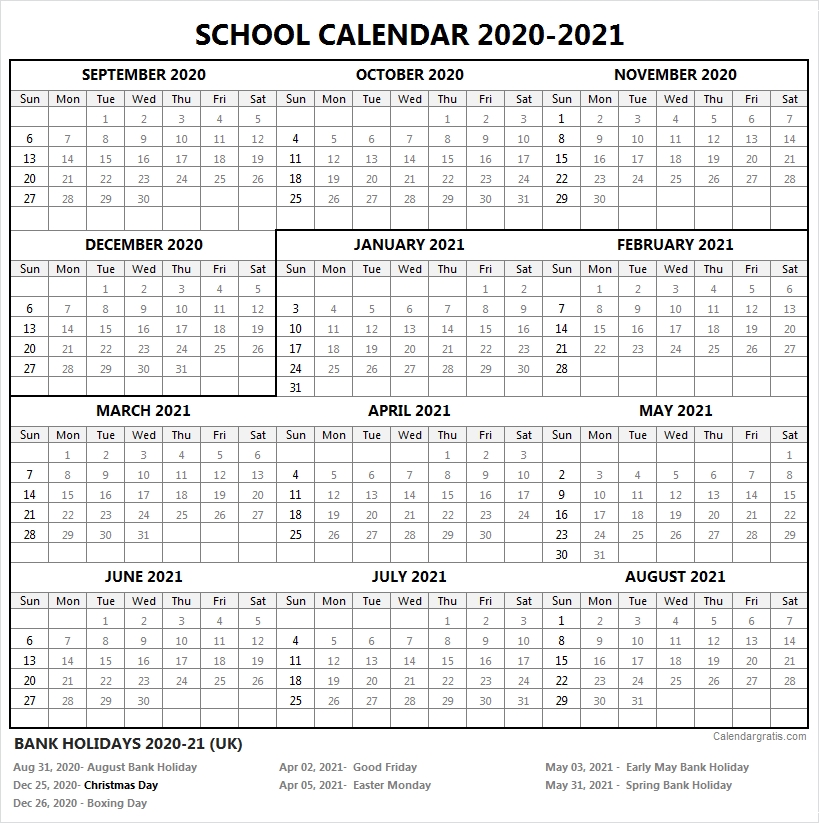 2020-2021 School Calendar Template | Academic Calendar 2020/21